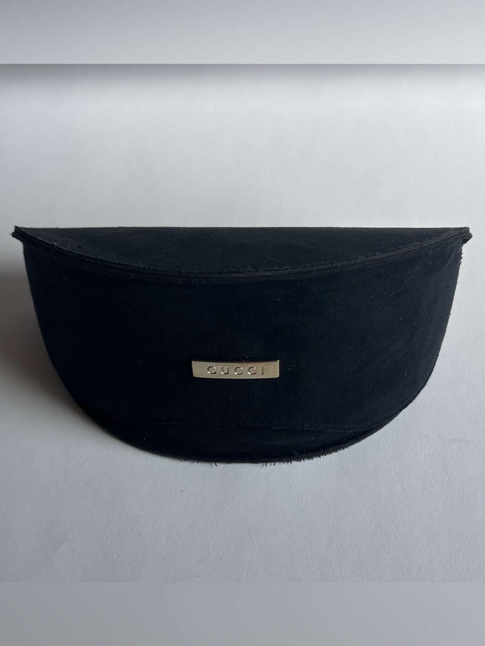 Gucci Black Suede Clamshell Sunglasses Case - Gold Logo Plaque.